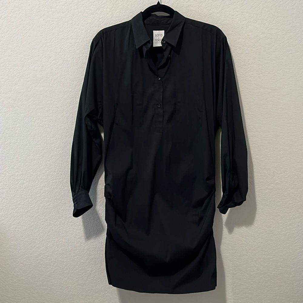 SARA ROKA Black Button Down Mini Shirtdress, Ruched Sides, Size 40(IT), S/4(US) - Picture 1 of 10